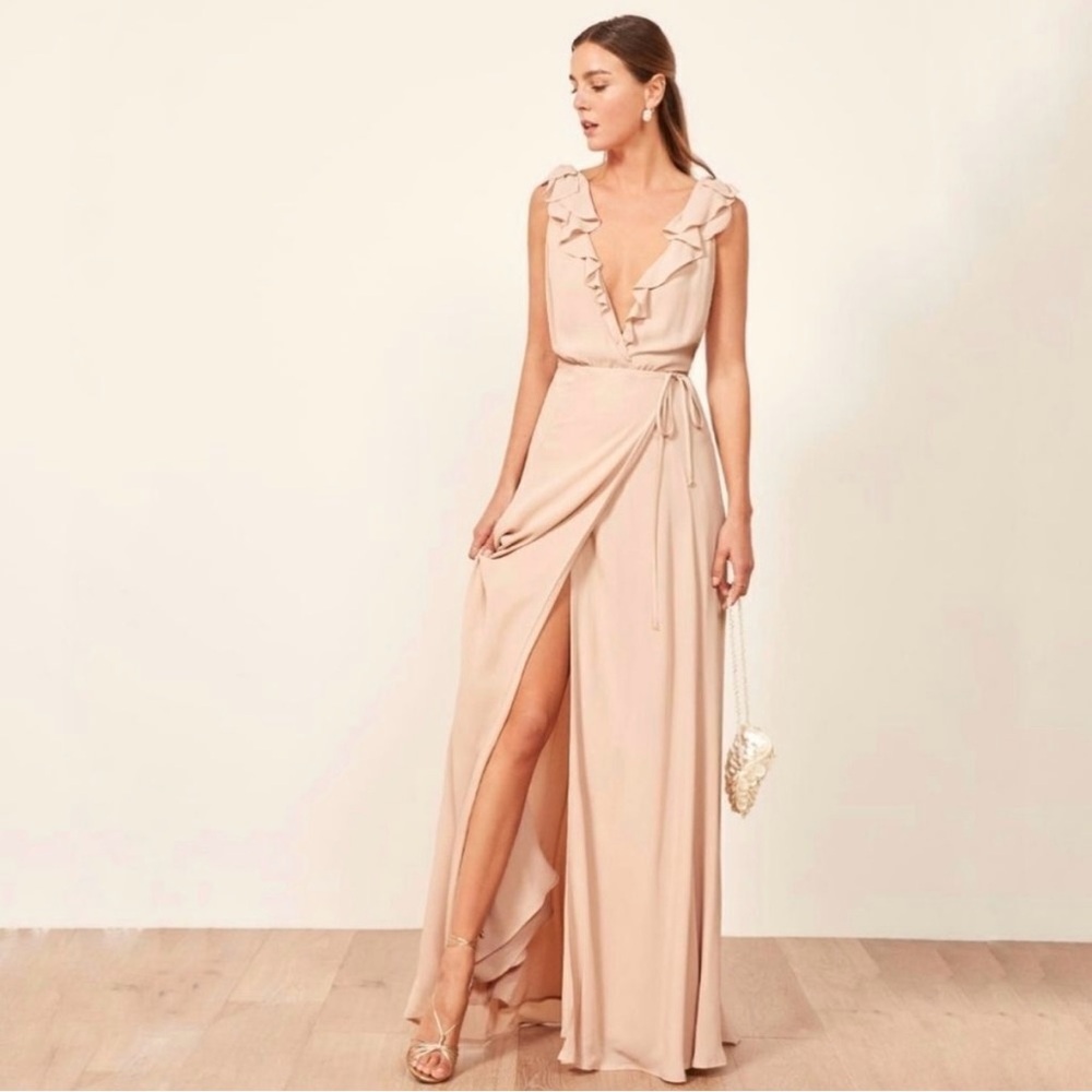 Reformation Peppermint Ruffle Wrap Maxi Dress in Champagne, XS